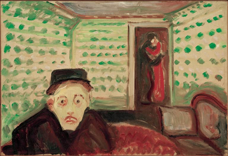 Bleicher Mann mit Hut, hinten ein Paar im Türrahmen vor grün getupften Wänden – Edvard Munch Eifersucht II Kunstkopie