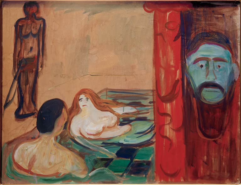 Badende Frau und Mann im Wasser, daneben ein blauer Männerkopf – Edvard Munch Eifersucht im Bad Kunstkopie