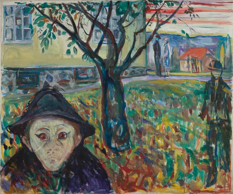 Bleiches Gesicht mit schwarzem Hut vor Garten und Apfelbaum – Edvard Munch Eifersucht im Garten Kunstkopie