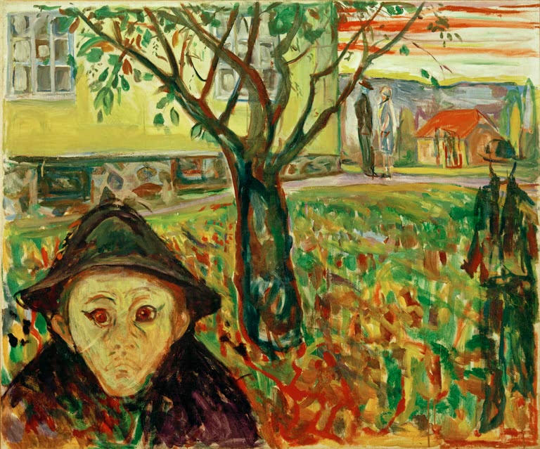Mann mit breitem Hut und verstörtem Blick vor Garten mit Baum und Haus – Edvard Munch Eifersucht im Garten Kunstkopie