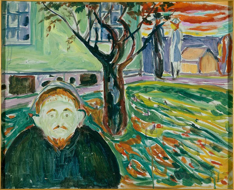 Blasser Mann im grünen Garten, dahinter ein Paar vor Häusern – Edvard Munch Eifersucht im Garten Kunstkopie