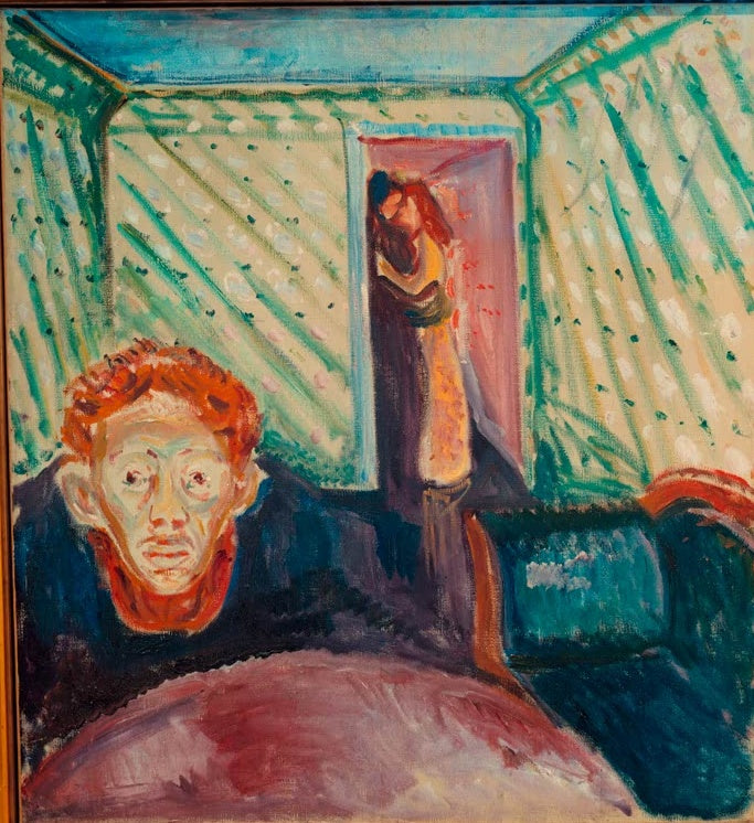 Rothaariger Mann mit erschrecktem Blick, hinten ein Paar in grün gestreiftem Zimmer – Edvard Munch Eifersucht Kunstkopie