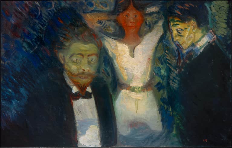 Drei Gesichter im Halbdunkel: ein bärtiger Mann, eine Frau in Weiß und ein zweiter Mann – Edvard Munch Eifersucht Kunstkopie