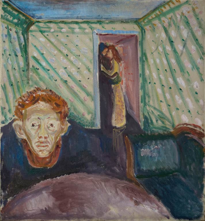 Rothaariger Mann mit starrem Blick vor grünem Raum, im Hintergrund eine Frau in der Tür – Edvard Munch Eifersucht Kunstkopie