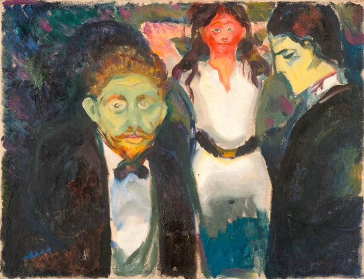 Mann mit grünem Gesicht im Vordergrund, dahinter eine Frau in Weiß und ein zweiter Mann – Edvard Munch Eifersucht Kunstkopie