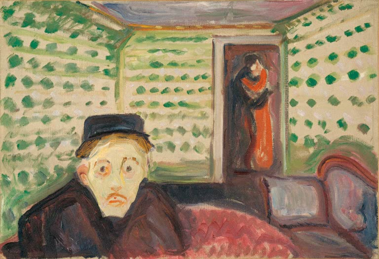 Mann mit Hut sitzt auf einem Sofa, hinter ihm ein Paar in grün getupftem Raum – Edvard Munch Eifersucht Kunstkopie