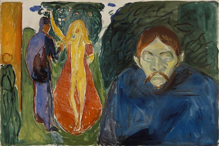 Grimmiger Mann in Blau neben einem Paar mit nackter Frau in Rot und Gelb – Edvard Munch Eifersucht Kunstkopie