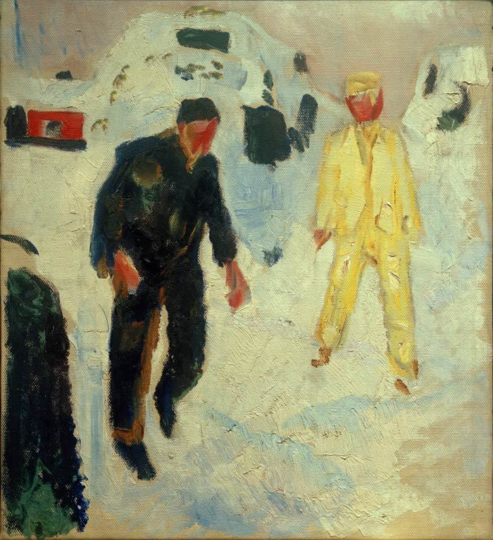 Zwei Männer in Schwarz und Gelb im weißen Schnee – Edvard Munch Ein schwarzer und ein gelber Mann Kunstkopie