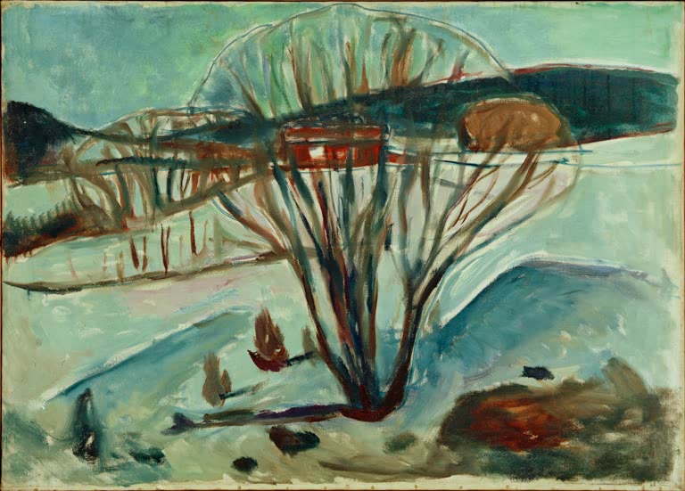 Verschneite Landschaft mit kahlem Busch, rotem Haus und Bergen im Hintergrund – Edvard Munch Ekely zur Winterzeit Kunstkopie