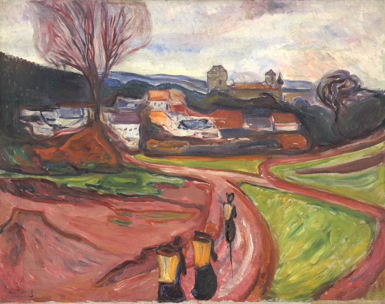 Dorfweg mit roten Dächern, kahlem Baum und zwei Gestalten im Vordergrund – Edvard Munch Elgersburg Kunstkopie