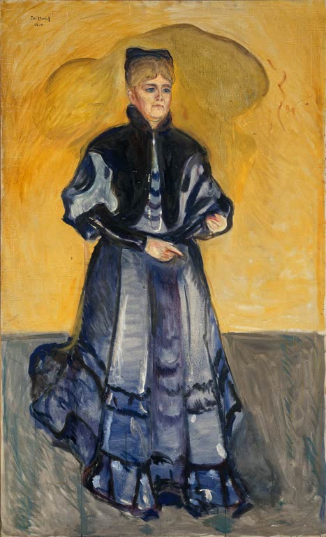Frau in dunklem Kleid mit Rüschen steht vor gelbem Hintergrund – Edvard Munch Elisabeth Förster-Nietzsche Kunstkopie