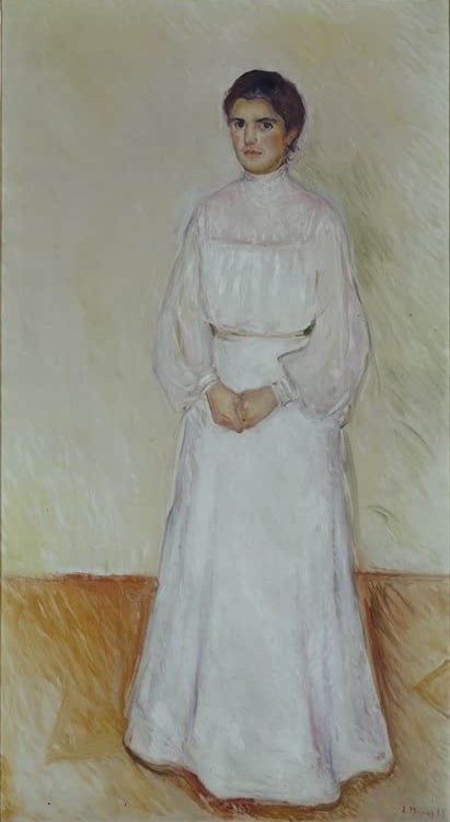 Ganzfigur einer jungen Frau im weißen Kleid vor hellem Hintergrund – Edvard Munch Ellen Warburg Kunstkopie