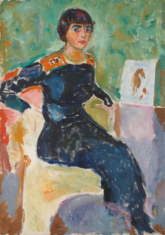 Edvard Munch Elsa Glaser Kunstkopie, sitzende Frau in dunkelblauem Kleid mit kurzem dunklem Haar vor grünlichem Hintergrund