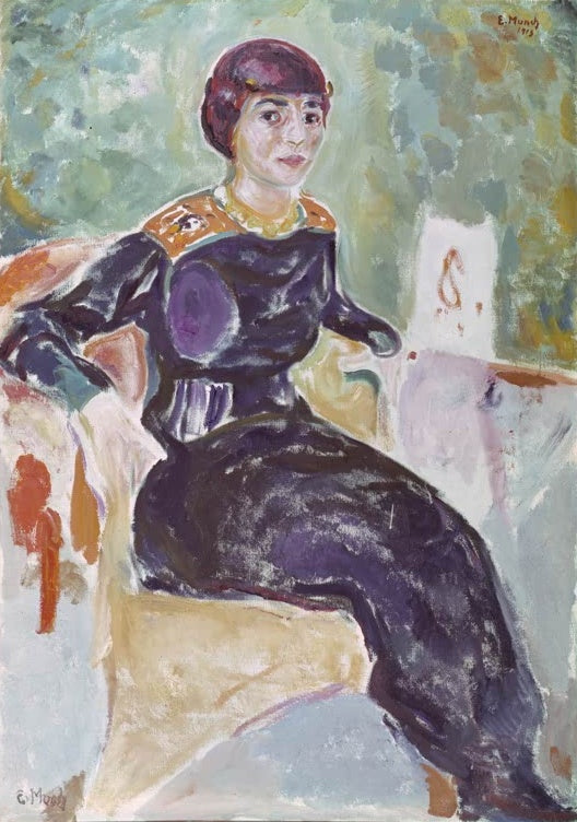 Sitzende Frau in dunkelvioletter Kleidung mit kurzem Haar, Sofa im Hintergrund – Edvard Munch Elsa Glaser Kunstkopie