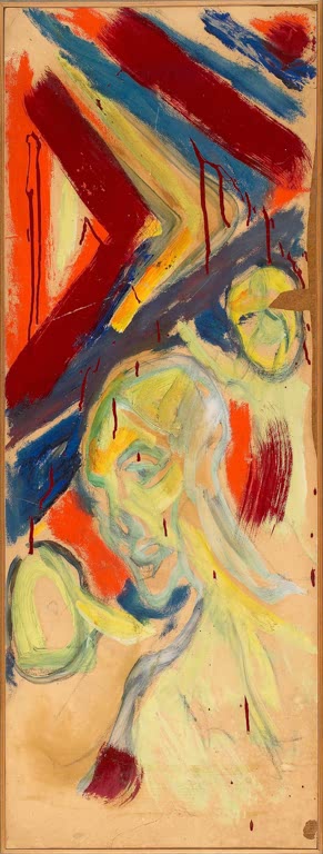 Schmales Hochformat mit roten, blauen und gelben Pinselstrichen – Edvard Munch Entwurf für eine Dekoration Kunstkopie