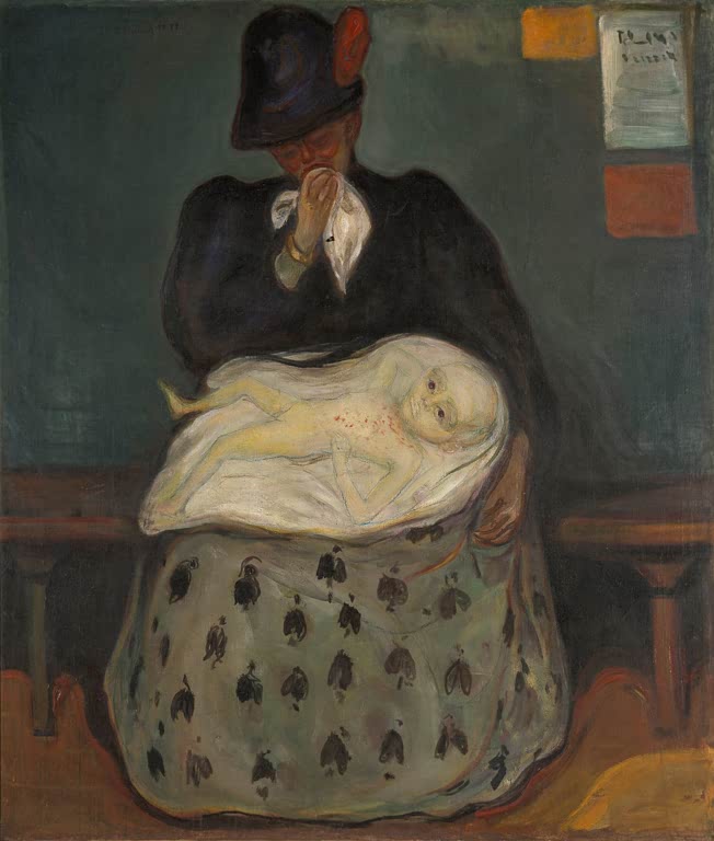 Weinende Frau mit Hut hält ein bleiches krankes Kind auf dem Schoß – Edvard Munch Erbschaft Kunstkopie