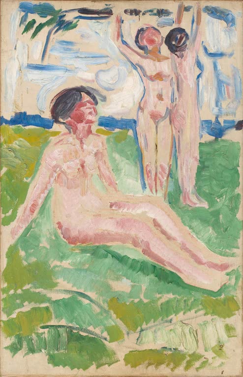 Nackte Frauen ruhen und strecken sich auf einer grünen Wiese vor blauem Wasser – Edvard Munch Erntefrauen Kunstkopie