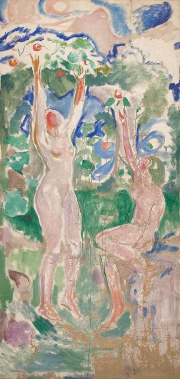 Edvard Munch Erntende Frauen, 1912 Kunstkopie, zwei nackte Frauen greifen nach roten Äpfeln in grünen Baumkronen