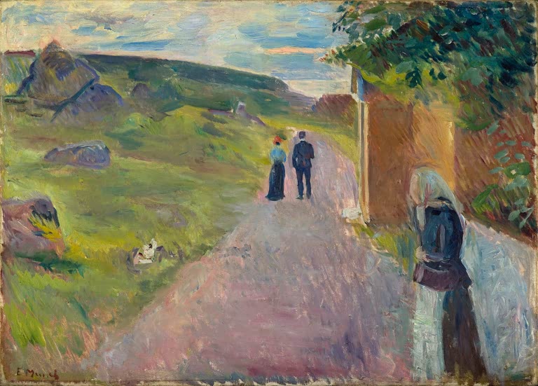 Sommerlandschaft mit Pfad, Paar in der Ferne und verhüllter Frau – Edvard Munch Erotik an einem Sommerabend Kunstkopie