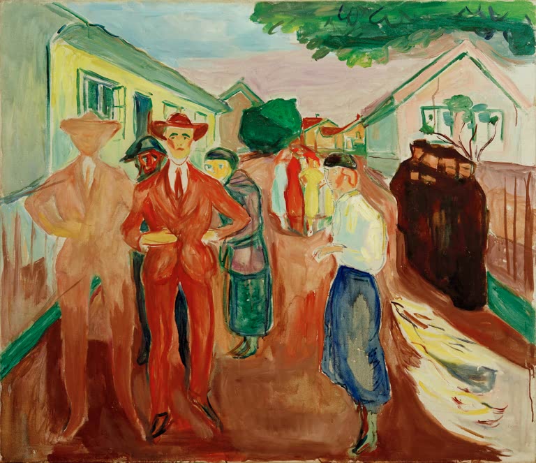 Männer in hellen und roten Anzügen stehen zusammen auf einer Dorfstraße vor Häusern – Edvard Munch Fausts Spaltung Kunstkopie