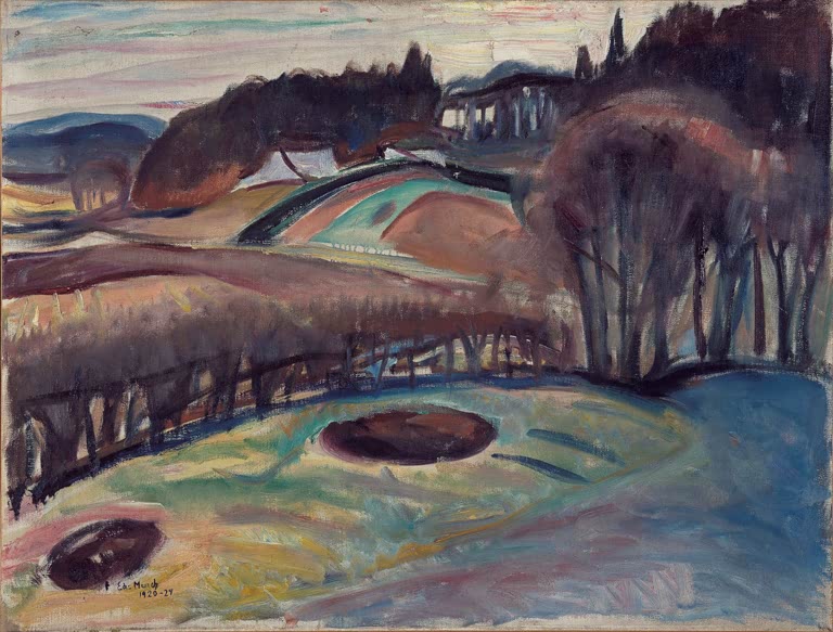 Hügelige Felder mit Zaun und Baumgruppen unter rosa Himmel – Edvard Munch Felder im Frühling Kunstkopie