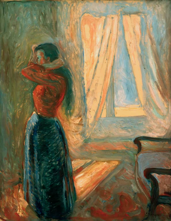 Frau in rotem Oberteil und dunklem Rock richtet vor einem Fenster ihr Haar – Edvard Munch Femme à sa toilette Kunstkopie