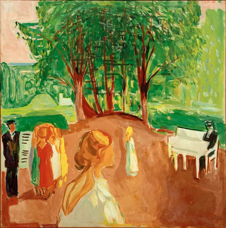 Kinder und Mädchen in einem Park mit hohen Bäumen, rechts ein weißes Klavier – Edvard Munch Flirt im Park II Kunstkopie