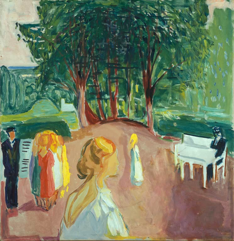 Gartenszene mit Frauen, Pianist am weißen Klavier und grünen Bäumen – Edvard Munch Flirten im Park Kunstkopie