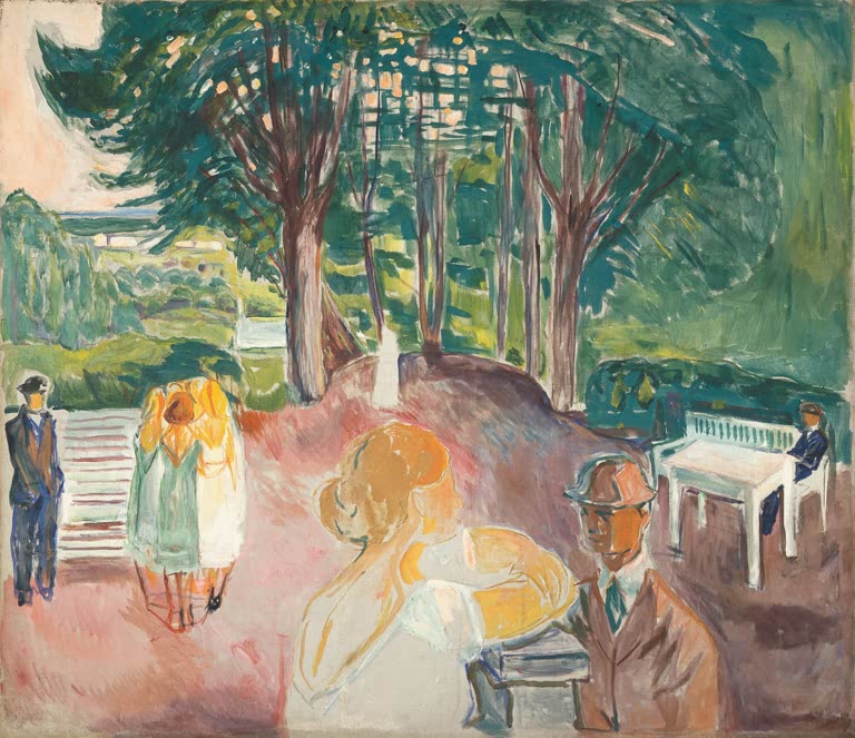 Park mit hohen Bäumen, Paaren auf rosa Weg und einem Mann mit Hut im Vordergrund – Edvard Munch Flirten im Park Kunstkopie