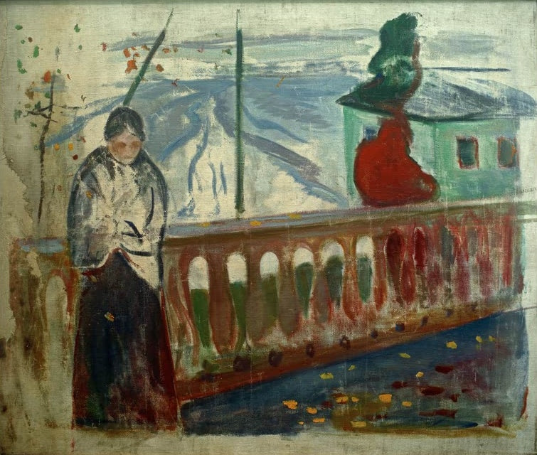 Frau am Geländer einer Brücke, dahinter ein Haus und eine Frau in rotem Mantel – Edvard Munch Frau am Geländer Kunstkopie