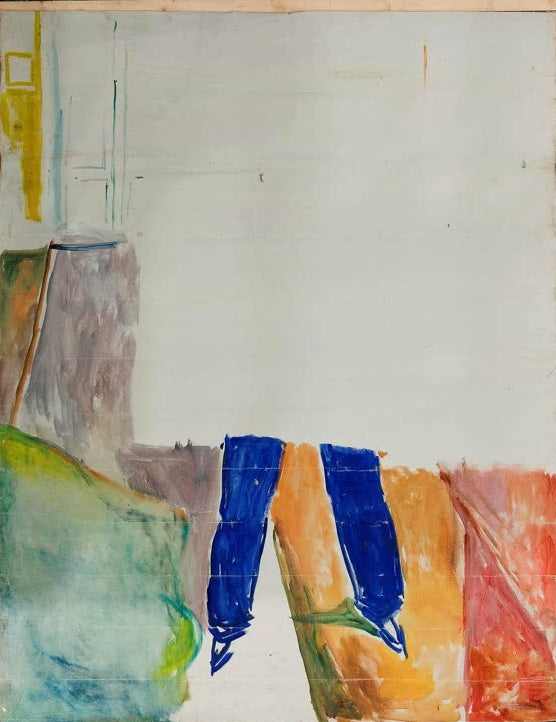 Graues Feld mit zwei blauen Beinen, unfertig gemalt – Edvard Munch Frau an den Treppen der Veranda Kunstkopie