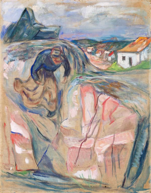 Gebeugte Frau eilt an einem Hang unter weißen Häusern und einem Berg hinab – Edvard Munch Frau eilt bergab Kunstkopie