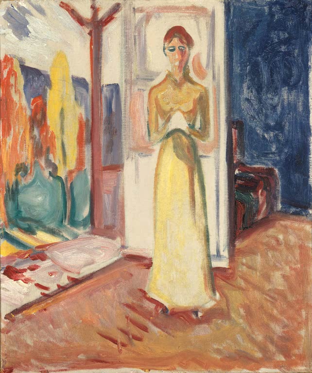 Frau im gelben Kleid steht im offenen Türrahmen eines bunten Zimmers – Edvard Munch Frau im Türrahmen Kunstkopie