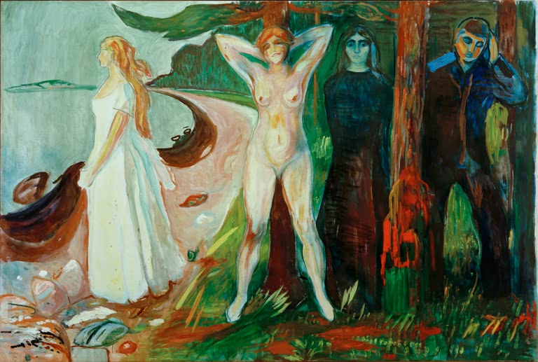 Vier Frauen am Meer in Weiß, nackt und in dunklem Gewand – Edvard Munch Frau in drei Stadien Kunstkopie