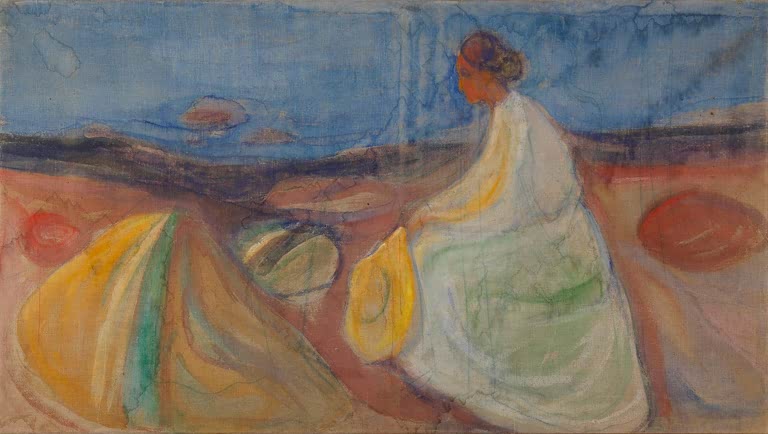 Frau im hellen Kleid sitzt am Strand mit gelbem Hut vor blauem Meer – Edvard Munch Frau in Weiß am Strand sitzend Kunstkopie
