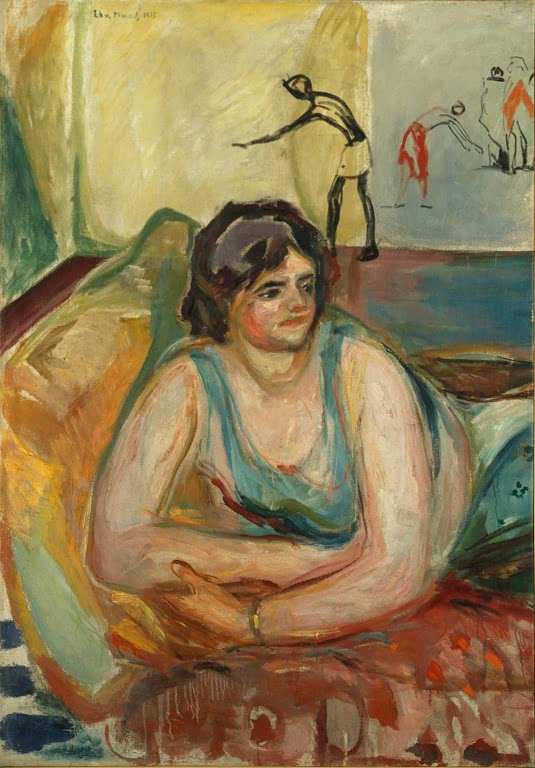 Frau in blauem Trägerkleid stützt sich auf ein Sofa, im Hintergrund kleine Figuren – Edvard Munch Frau liegend Kunstkopie