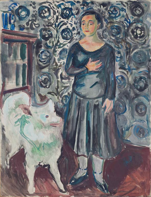 Frau im dunklen Kleid steht vor gemusterter Wand neben einem großen weißen Hund – Edvard Munch Frau mit Hund Kunstkopie