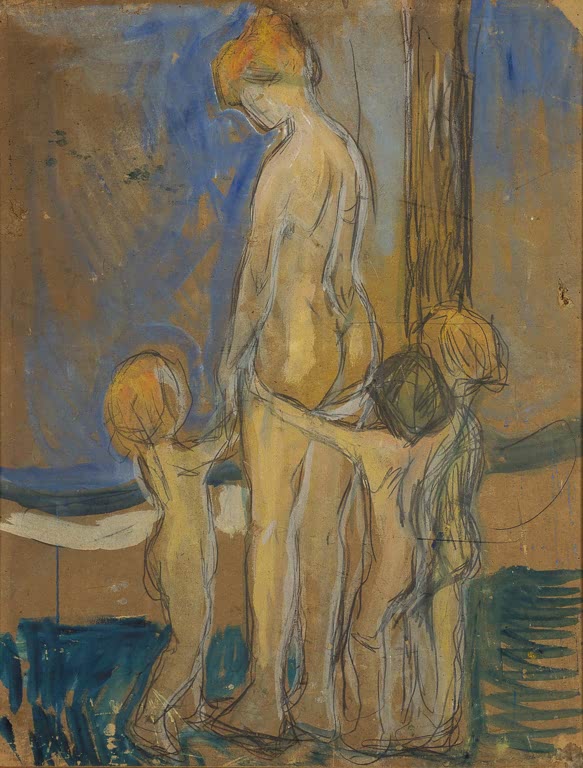 Nackte Frau mit drei Kindern vor goldbraunem Grund in Zeichnung und Farbe – Edvard Munch Frau mit Kindern Kunstkopie