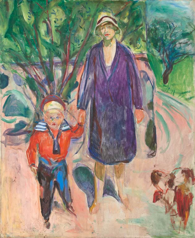 Frau in violettem Mantel geht mit einem Jungen im roten Matrosenanzug – Edvard Munch Frau mit kleinem Jungen Kunstkopie