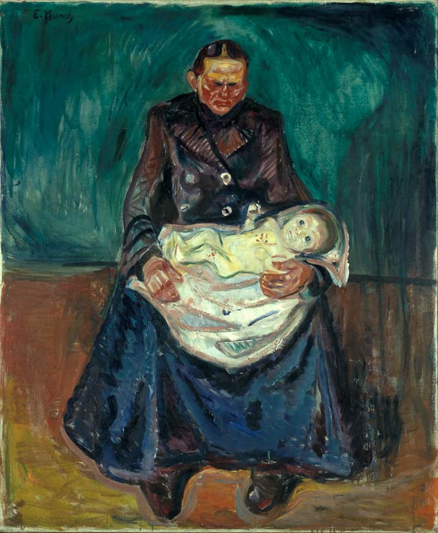 Frau in dunklem Kleid hält ein blasses Kind auf dem Schoß – Edvard Munch Frau mit krankem Kind. Erbschaft Kunstkopie