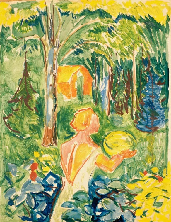 Edvard Munch Frau mit Kürbis Kunstkopie, junge Frau im Garten hält gelben Kürbis zwischen grünen Bäumen