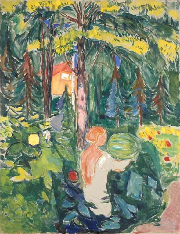 Frau im Garten zwischen Fichten und Sträuchern, dahinter ein rotes Haus – Edvard Munch Frau mit Kürbis Kunstkopie