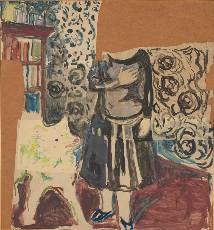 Frau im dunklen Rock vor geblümter Wand und Bücherregal, aus Teilen montiert – Edvard Munch Frau mit Samojedenhund Kunstkopie