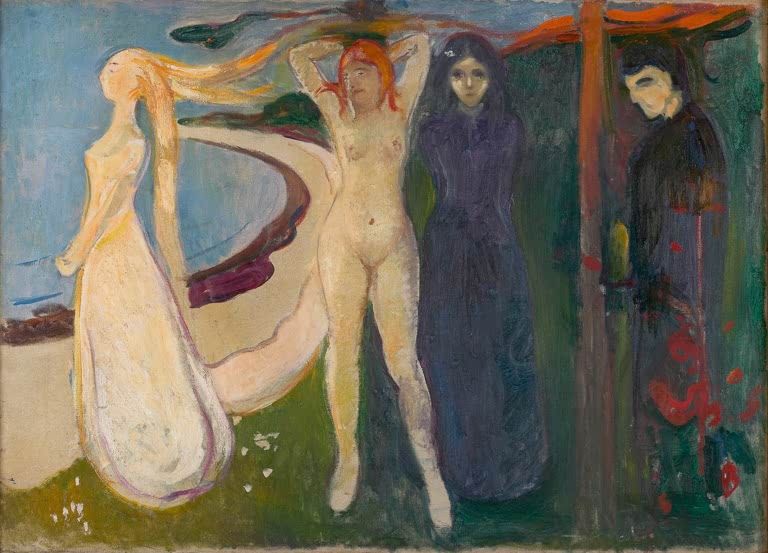 Vier Frauengestalten in Weiß, Nackt, Violett und Schwarz an einem Strand – Edvard Munch Frau. Sphinx Kunstkopie