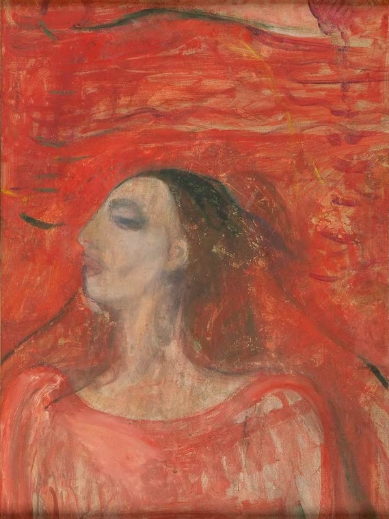 Frau mit langem Haar im Profil vor einem flammend roten Hintergrund – Edvard Munch Frau vor rotem Hintergrund Kunstkopie