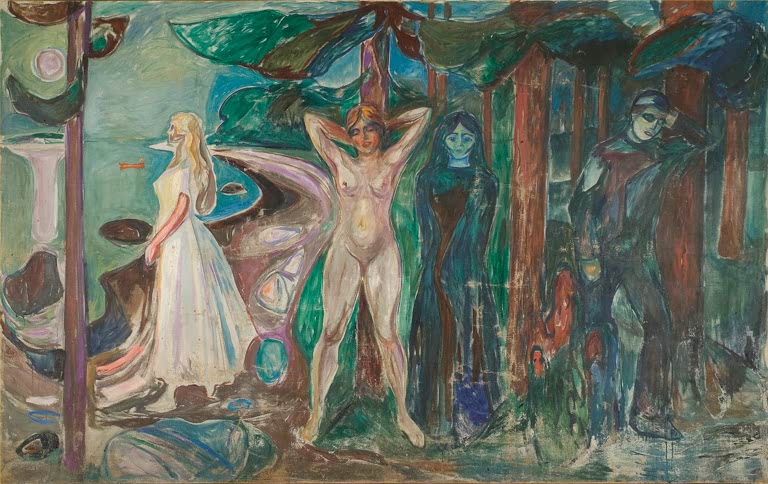 Frauen und Männer stehen unter Kiefern am Wasser, eine Frau nackt – Edvard Munch Frau Kunstkopie