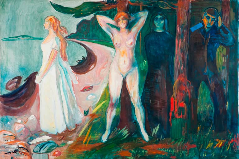 Frauen in Weiß und nackt sowie zwei dunkle Gestalten am Waldrand am Meer – Edvard Munch Frau Kunstkopie