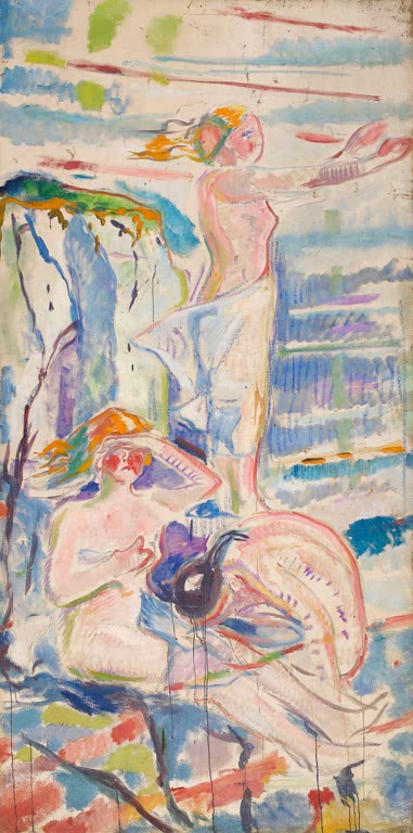 Zwei zartfarbene Frauenfiguren vor Felsen und hellem Himmel – Edvard Munch Frauen, die sich der Sonne zuwenden Kunstkopie