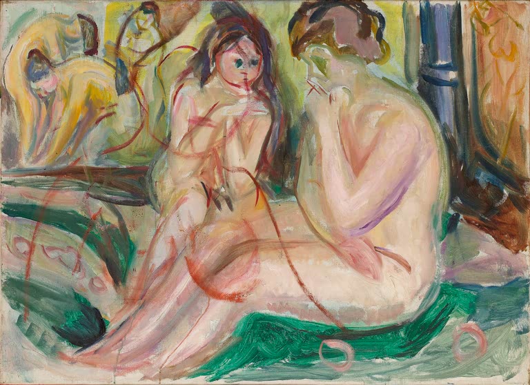 Zwei nackte Frauen sitzen dicht beieinander, dahinter weitere Badende – Edvard Munch Frauen im Bad Kunstkopie