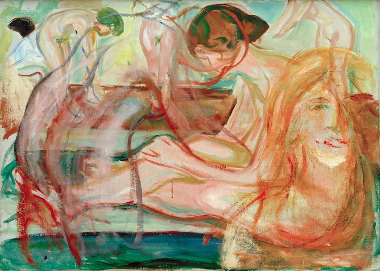 Frauen im Bad, in transparenten roten Linien gemalt – Edvard Munch Frauen im Bad Kunstkopie